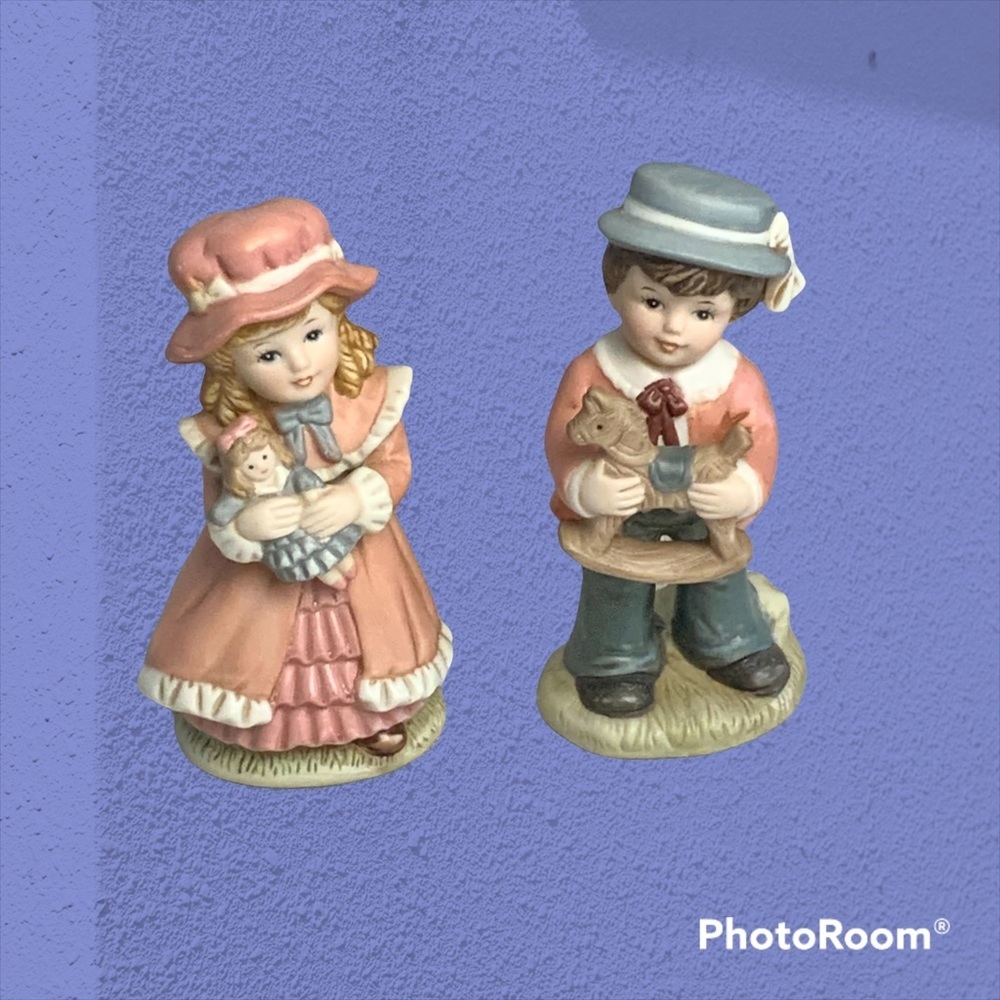 Vintage Homco 1419 Set Porcelain Girl With Doll Boy With Rocking Horse Figurines